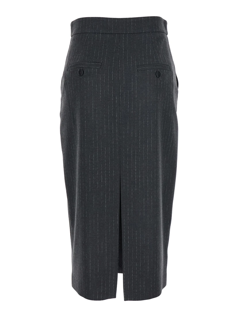 Grey Skirt with Front and Rear Slit and All-Over Striped Motif in Wool Blend Woman