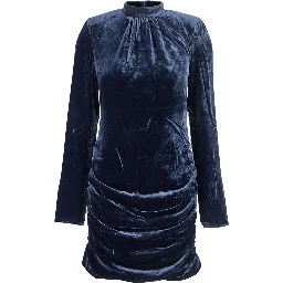 Blue Mini Dress with High Neck and Rear Zip Closure in Velvet Woman