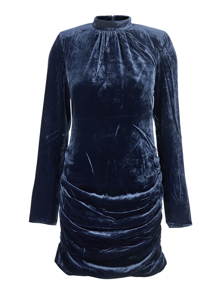 Blue Mini Dress with High Neck and Rear Zip Closure in Velvet Woman