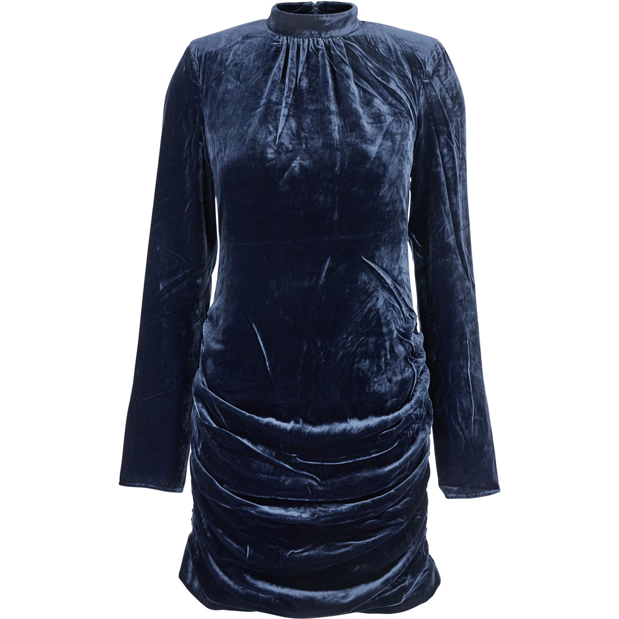 Blue Mini Dress with High Neck and Rear Zip Closure in Velvet Woman