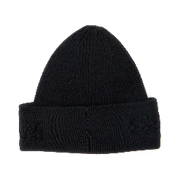 Black Beanie with Maxi Logo Embroidery on the Front in Wool Man