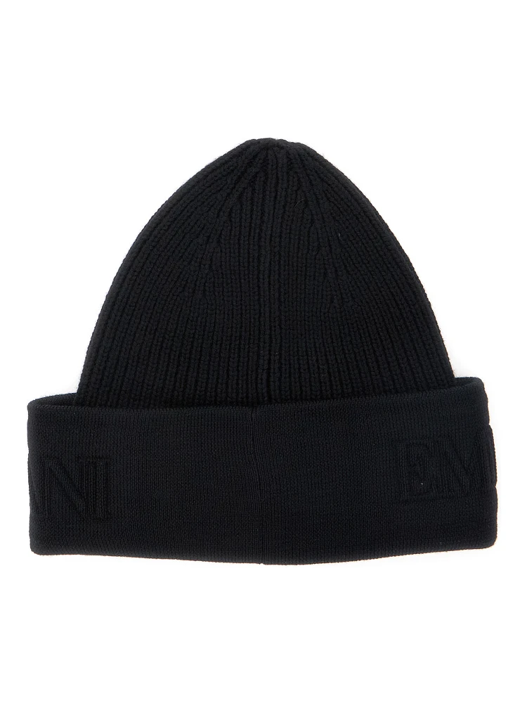 Black Beanie with Maxi Logo Embroidery on the Front in Wool Man alternative