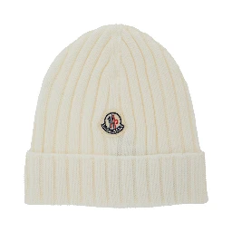 White Ribbed Knit Beanie with Logo Patch on the Front in Wool Baby