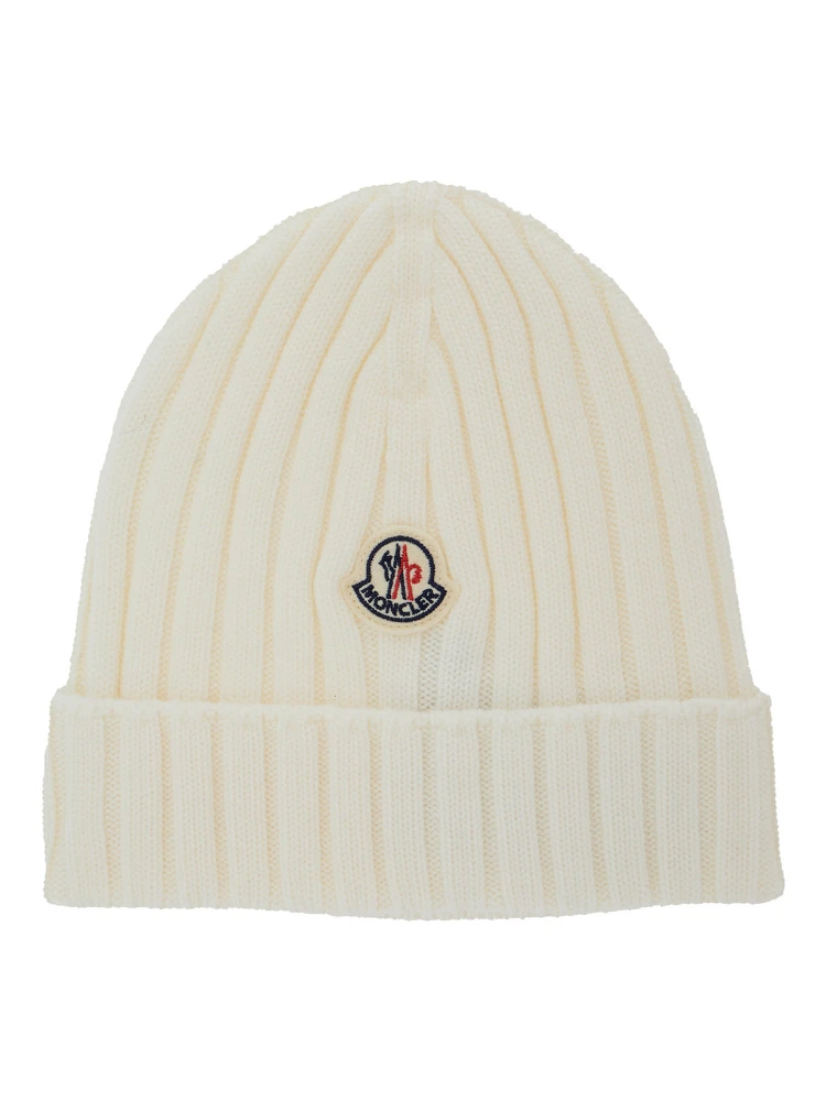 White Ribbed Knit Beanie with Logo Patch on the Front in Wool Baby