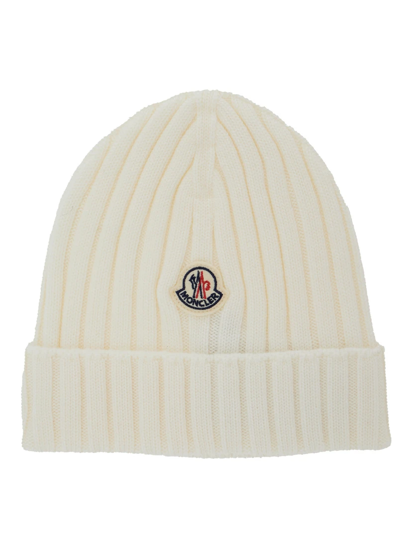 White Ribbed Knit Beanie with Logo Patch on the Front in Wool Baby