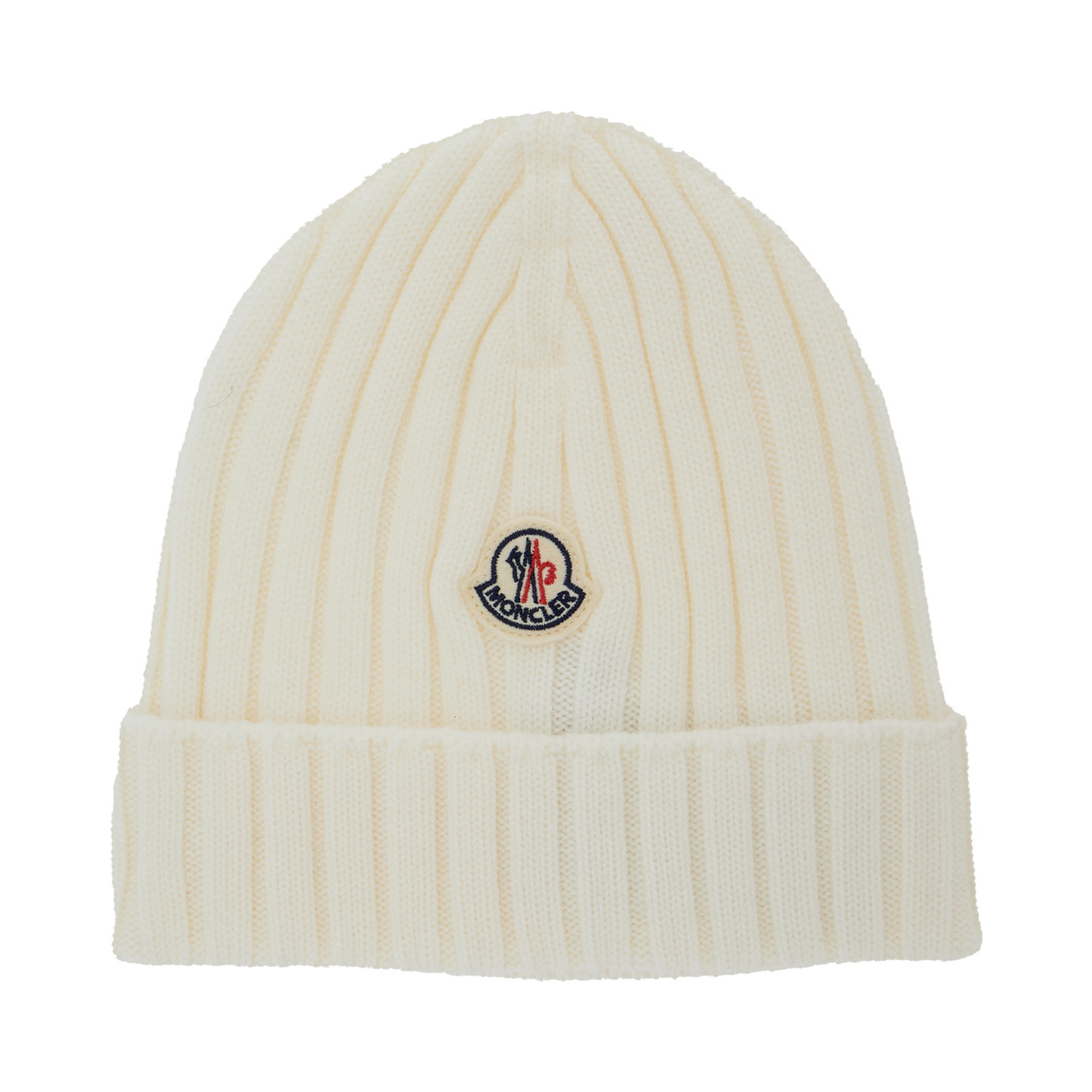 White Ribbed Knit Beanie with Logo Patch on the Front in Wool Baby