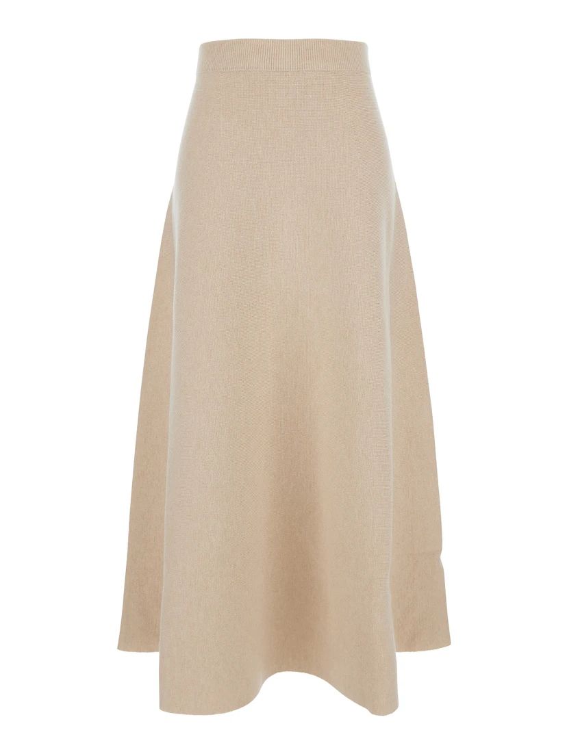Giberna Beige Flared Skirt with Logo Patch on the Rear in Wool and Cashmere Woman