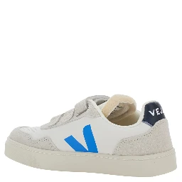 V-90 White Low Top Sneakers with Logo Patch on the Side and Contrasting Heel with Logo Lettering in Leather Boy