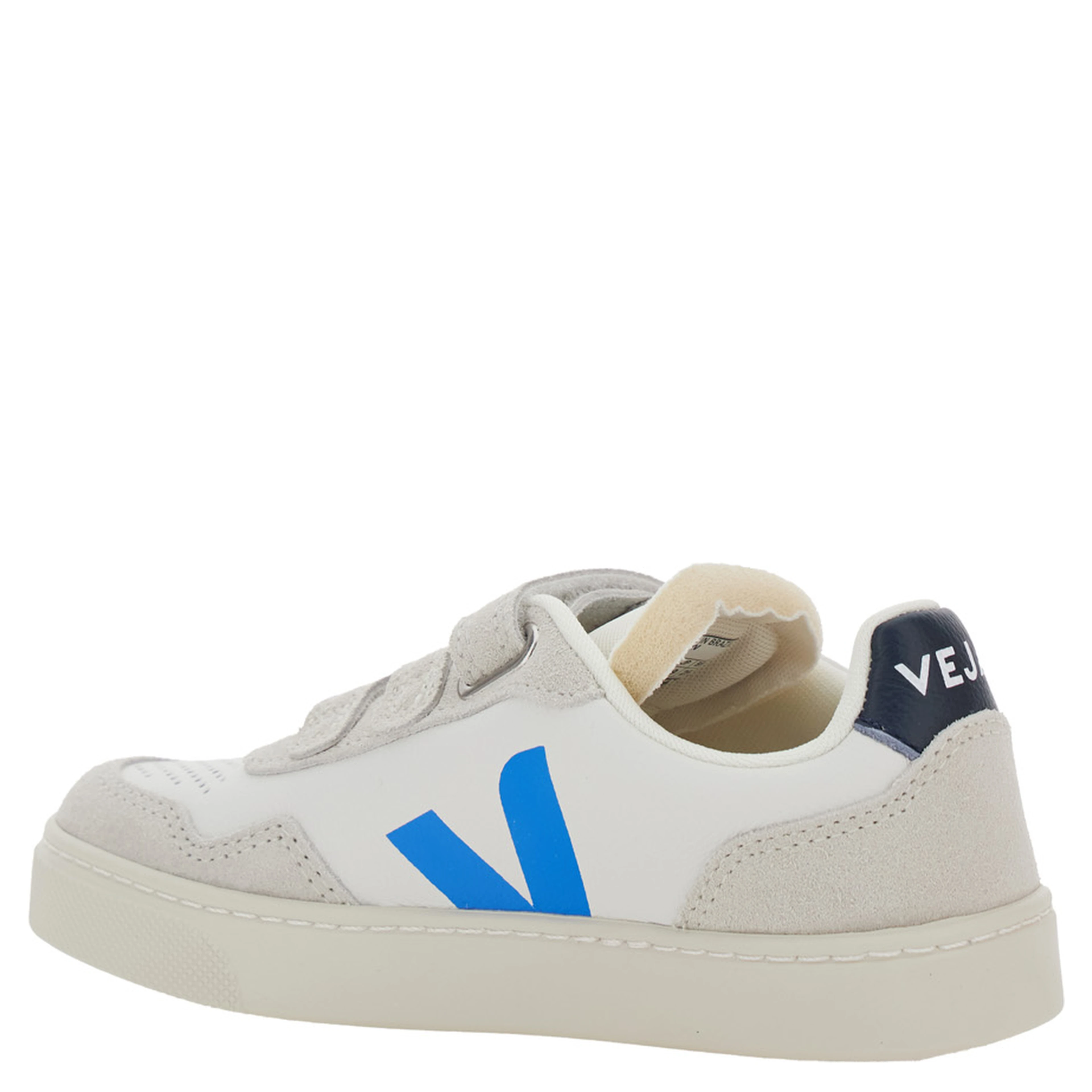 V-90 White Low Top Sneakers with Logo Patch on the Side and Contrasting Heel with Logo Lettering in Leather Boy