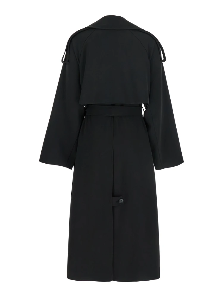 معطف ترنش أسود مزدوج الصدر مع حزام مطابق من قماش الكادي للنساء alternative