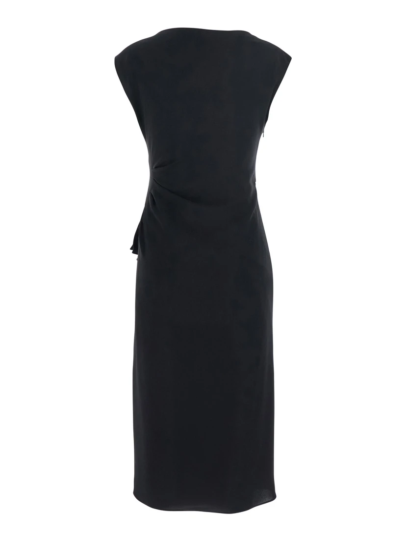 Aia Black Dress with Boat Neckline and Draped Detail on the Side in Tech Fabric Woman