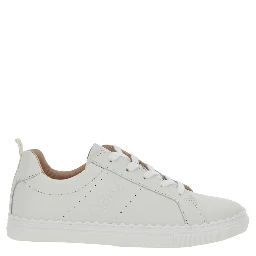 White Low Top Sneakers with Embossed Logo Lettering on the Tongue and Pull-Tab with Logo Lettering on the Heel in Leather Girl