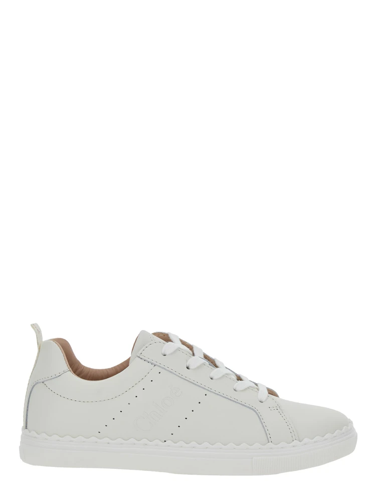 White Low Top Sneakers with Embossed Logo Lettering on the Tongue and Pull-Tab with Logo Lettering on the Heel in Leather Girl