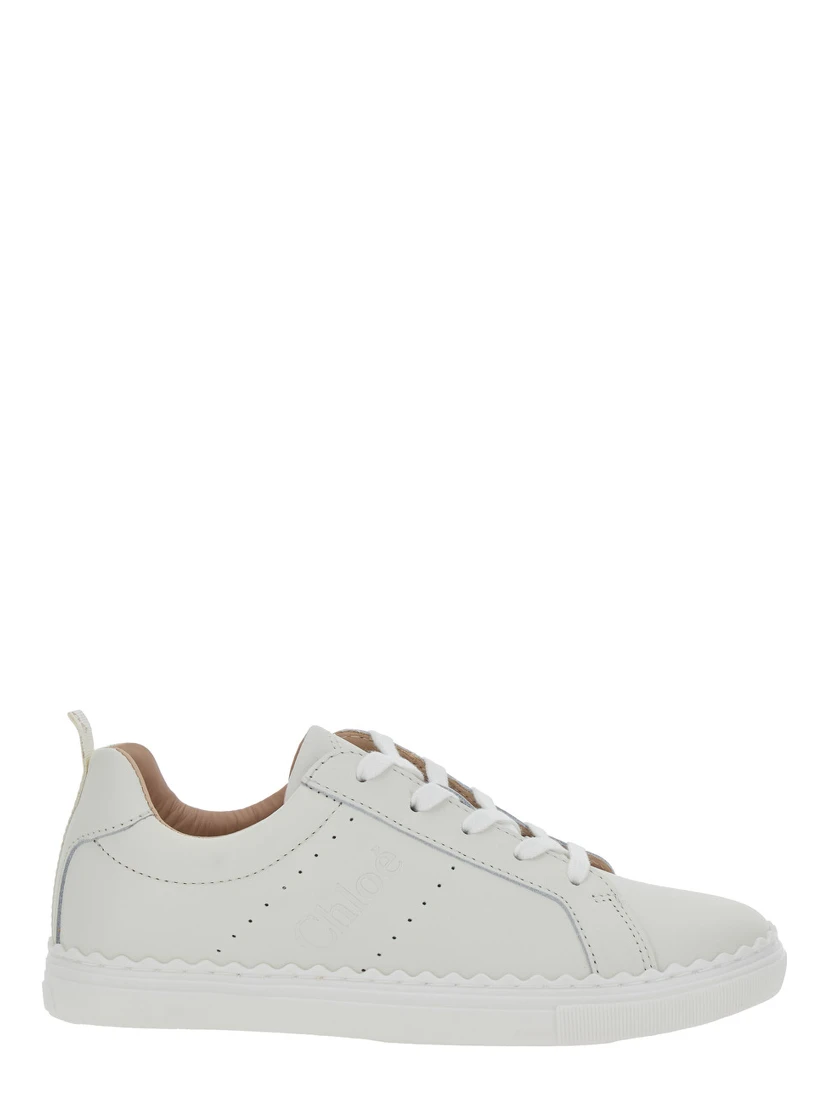 White Low Top Sneakers with Embossed Logo Lettering on the Tongue and Pull-Tab with Logo Lettering on the Heel in Leather Girl