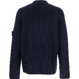 Blue Sweater with Ribbed Design and Logo Patch on Sleeve in Virgin Wool Blend Man