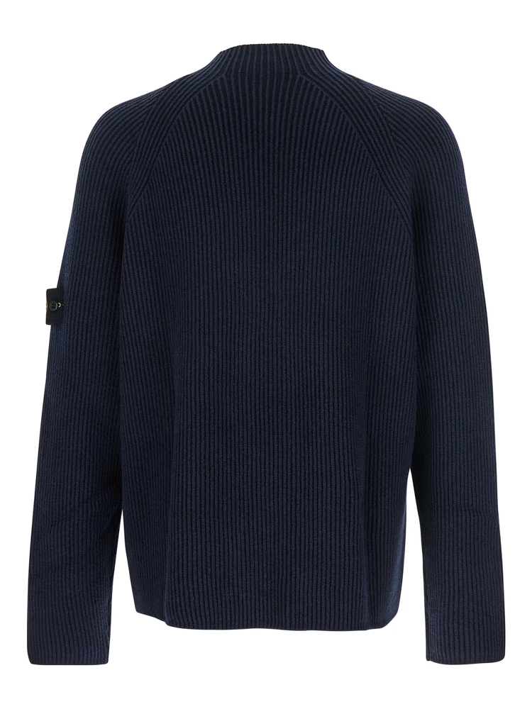 Blue Sweater with Ribbed Design and Logo Patch on Sleeve in Virgin Wool Blend Man alternative