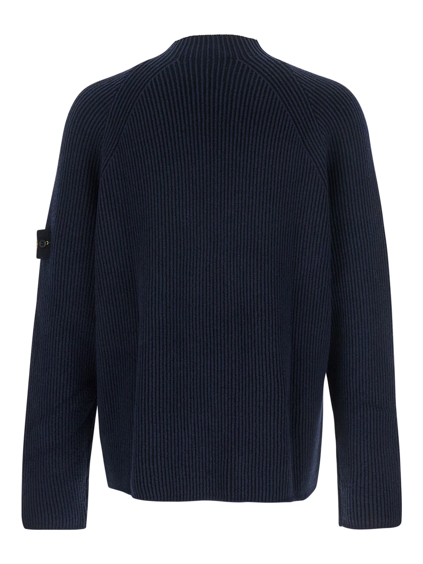 Blue Sweater with Ribbed Design and Logo Patch on Sleeve in Virgin Wool Blend Man