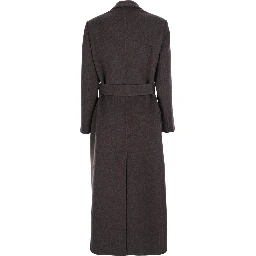 Brown Double-Breasted Coat with Peak Revers and Front Belt in Wool and Cashmere Woman