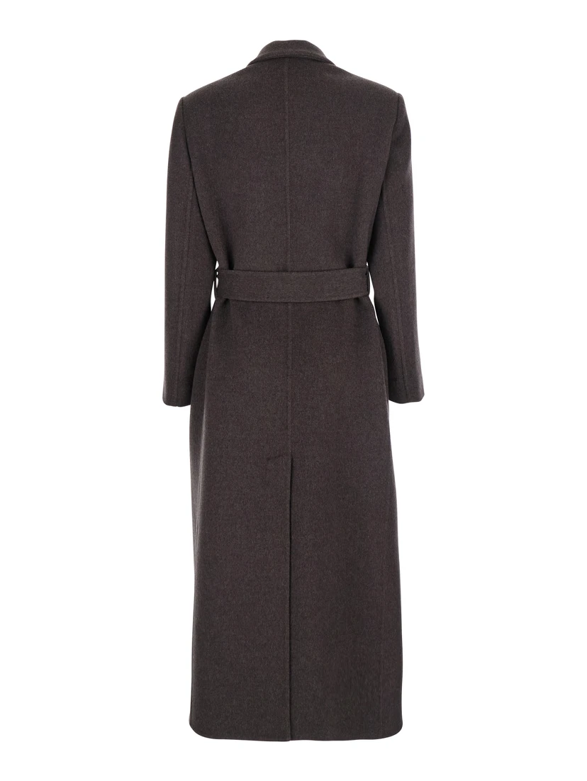Brown Double-Breasted Coat with Peak Revers and Front Belt in Wool and Cashmere Woman