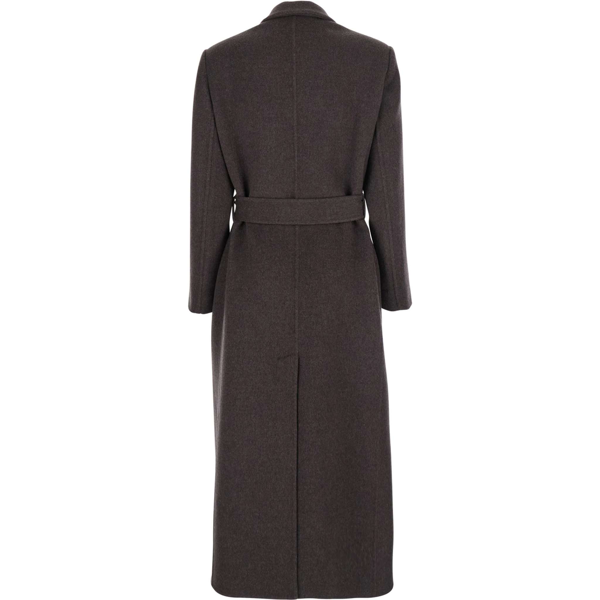 Brown Double-Breasted Coat with Peak Revers and Front Belt in Wool and Cashmere Woman