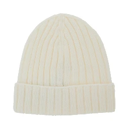 White Ribbed Knit Beanie with Logo Patch on the Front in Wool Baby
