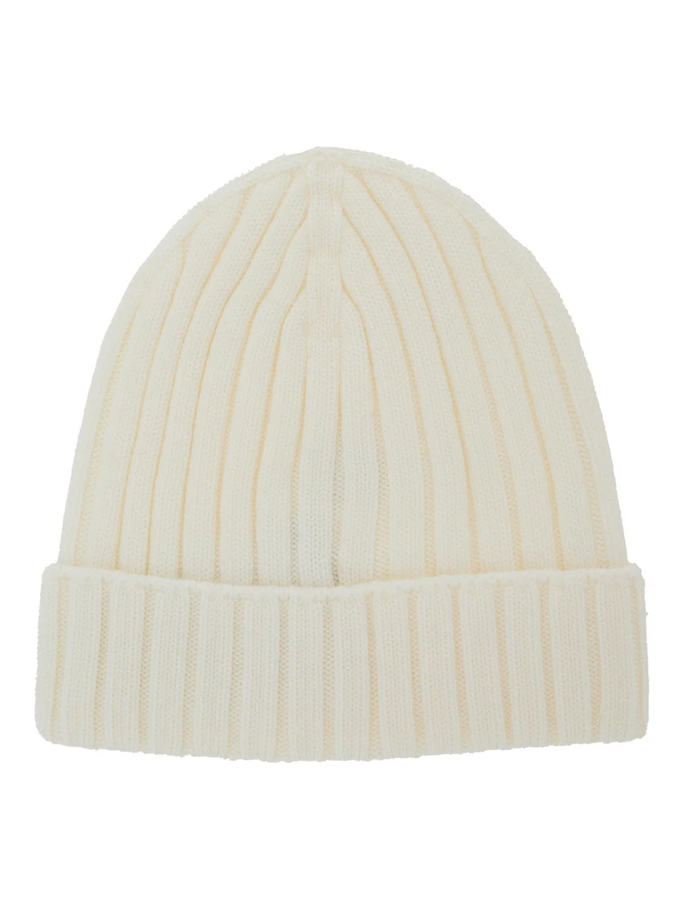 White Ribbed Knit Beanie with Logo Patch on the Front in Wool Baby alternative