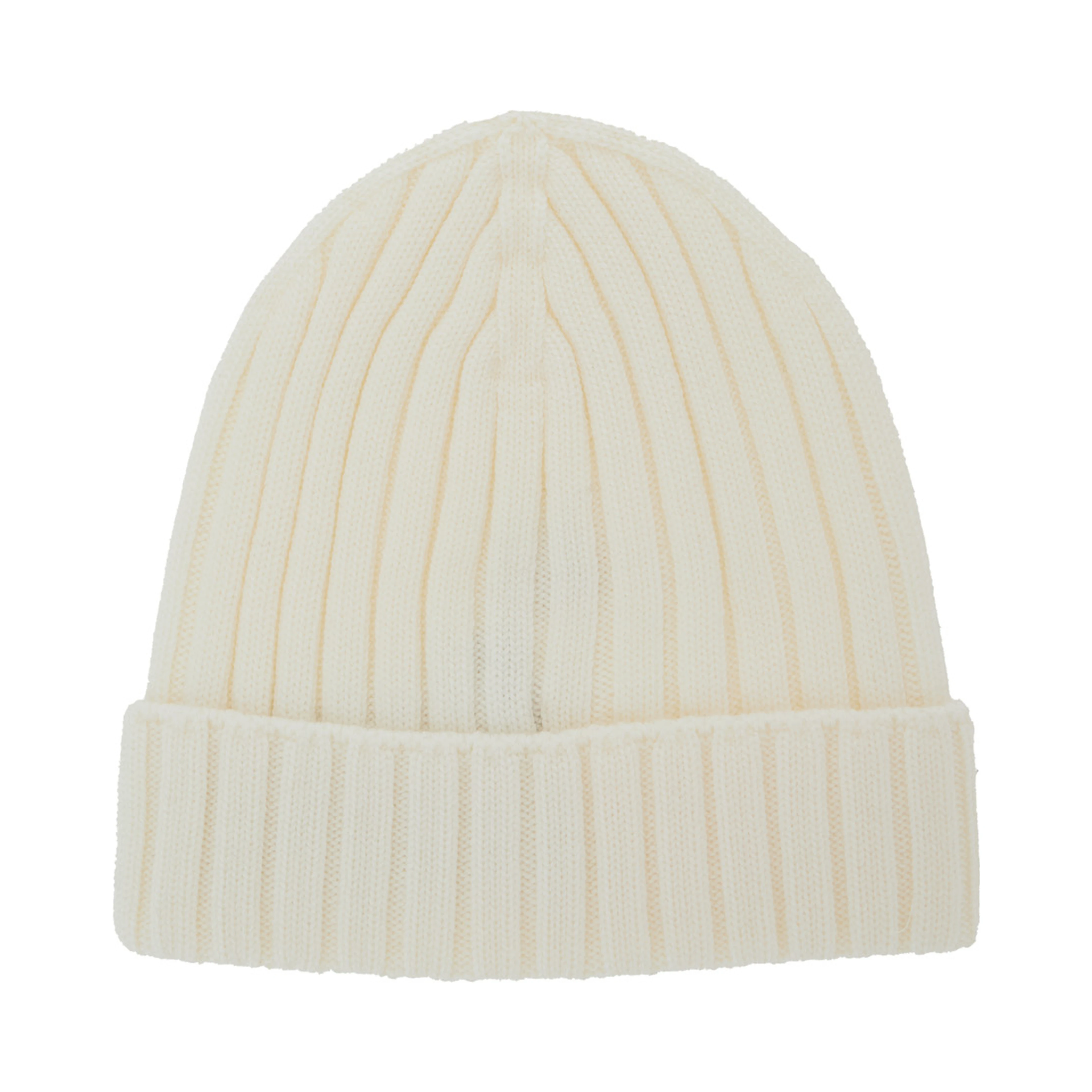 White Ribbed Knit Beanie with Logo Patch on the Front in Wool Baby