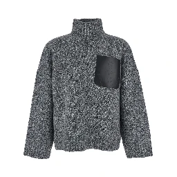 Grey Sweater with High Neck and One Front Patch Leather Pocket in Wool Blend Man