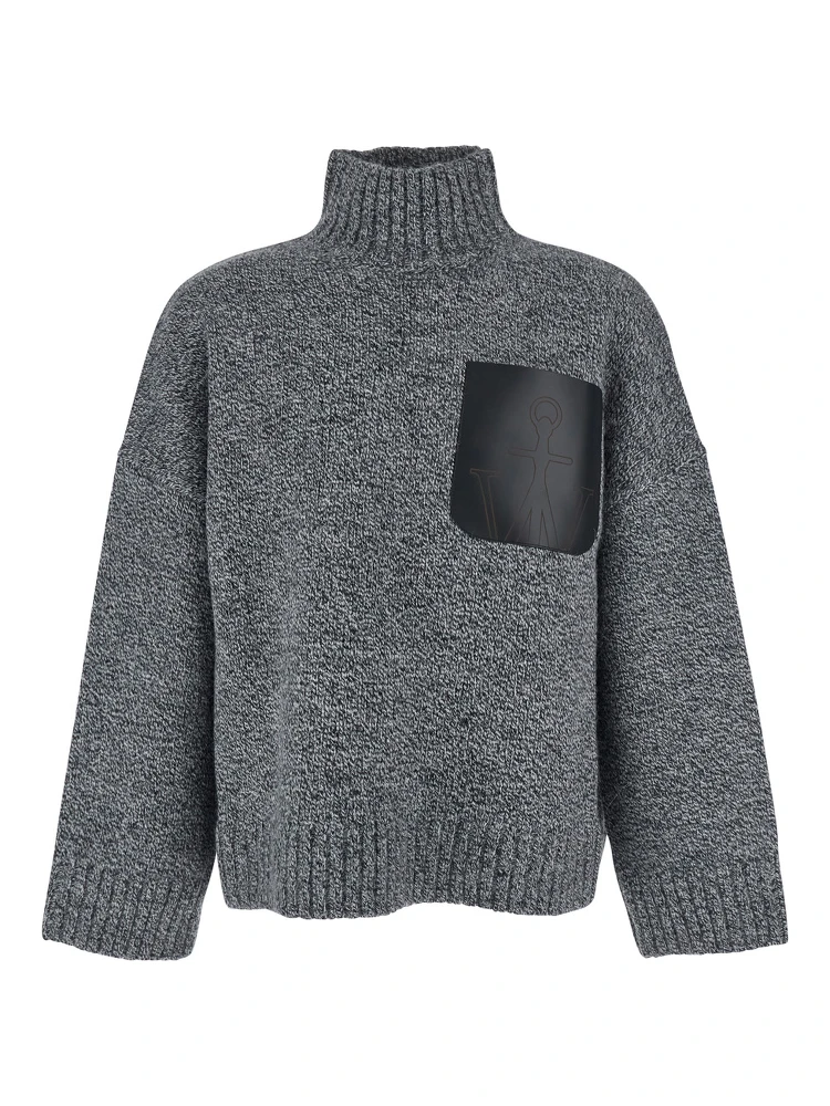 Grey Sweater with High Neck and One Front Patch Leather Pocket in Wool Blend Man