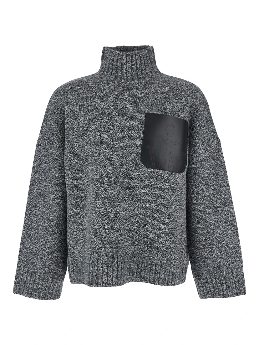 Grey Sweater with High Neck and One Front Patch Leather Pocket in Wool Blend Man