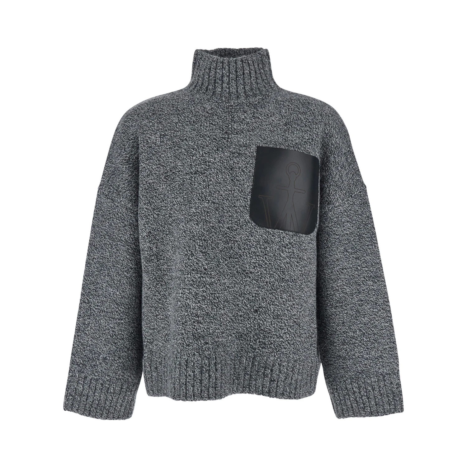 Grey Sweater with High Neck and One Front Patch Leather Pocket in Wool Blend Man