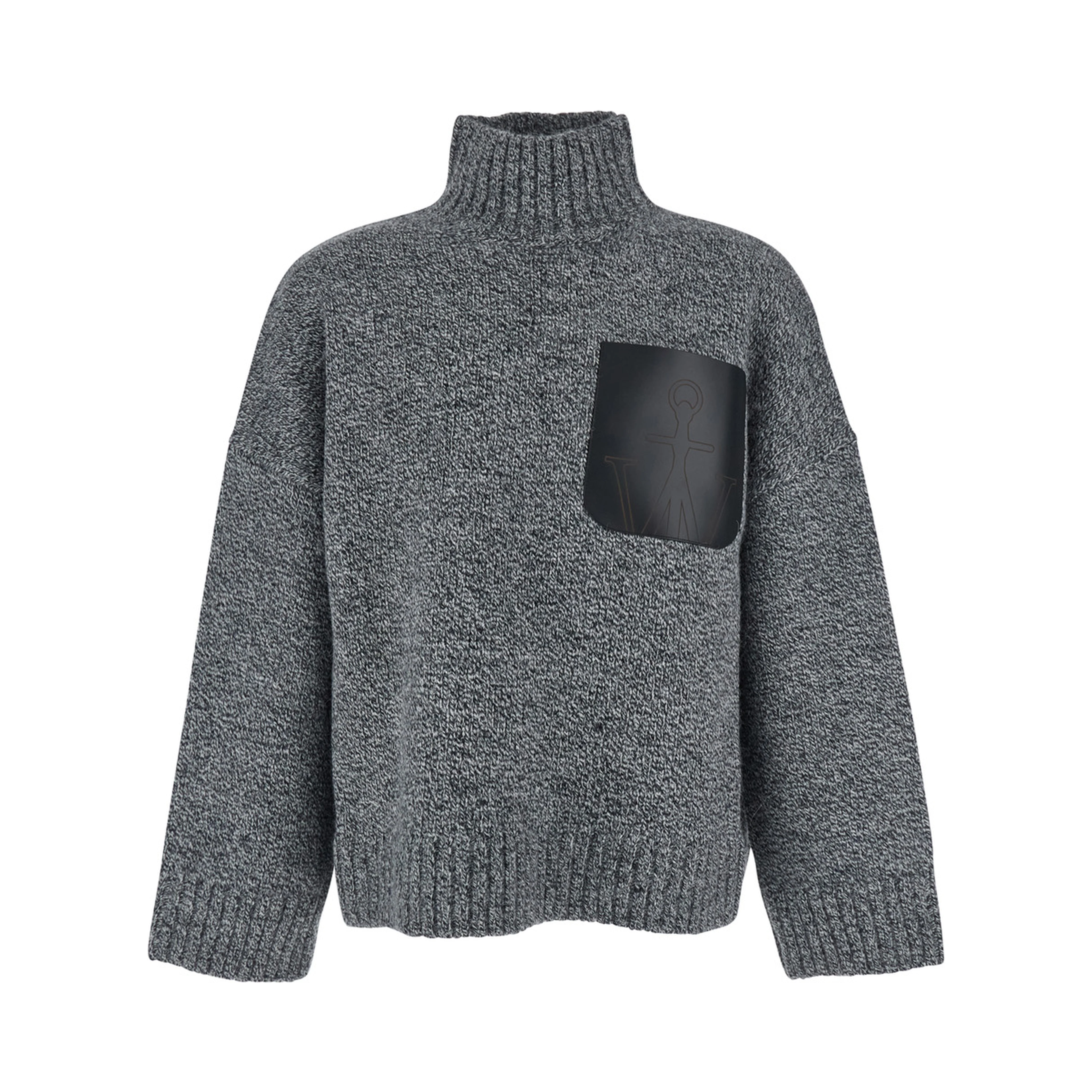 Grey Sweater with High Neck and One Front Patch Leather Pocket in Wool Blend Man