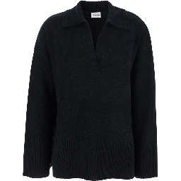 Black Sweater with Polo Shirt Style Collar and Dropped Shoulder in Wool and Cashmere Woman