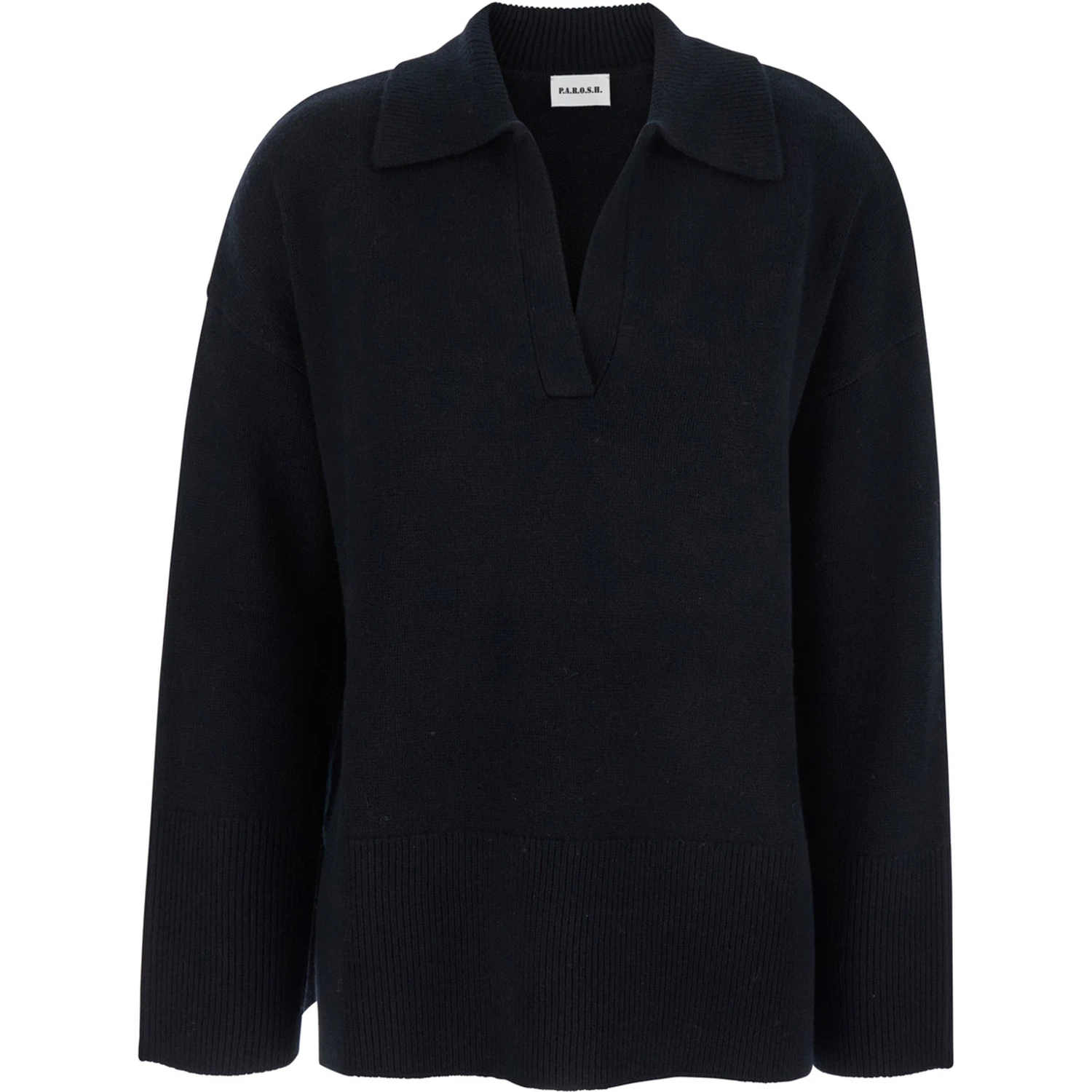 Black Sweater with Polo Shirt Style Collar and Dropped Shoulder in Wool and Cashmere Woman