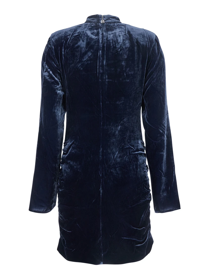 Blue Mini Dress with High Neck and Rear Zip Closure in Velvet Woman
