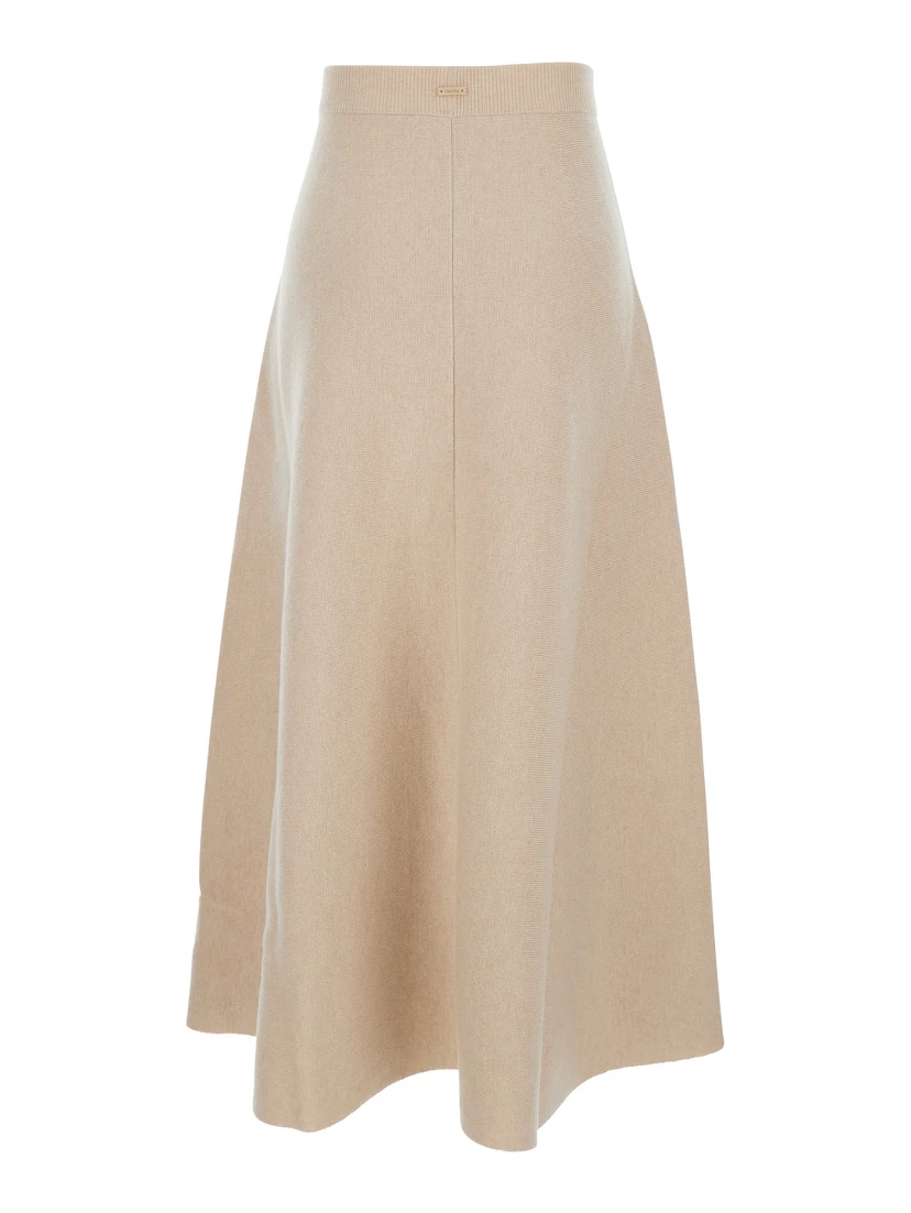 Giberna Beige Flared Skirt with Logo Patch on the Rear in Wool and Cashmere Woman
