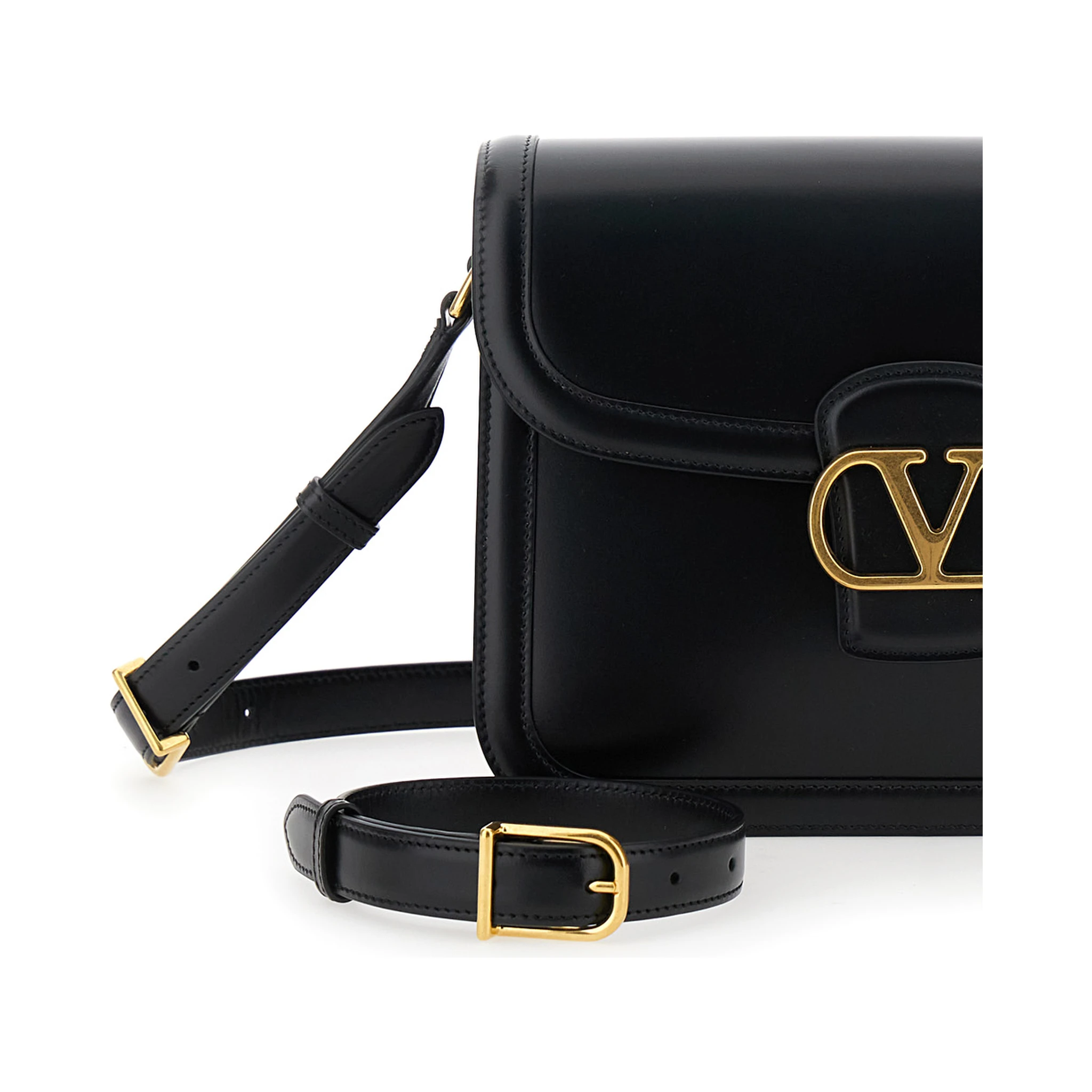 Black Shoulder Bag with VLogo Detail on the Front in Leather Man