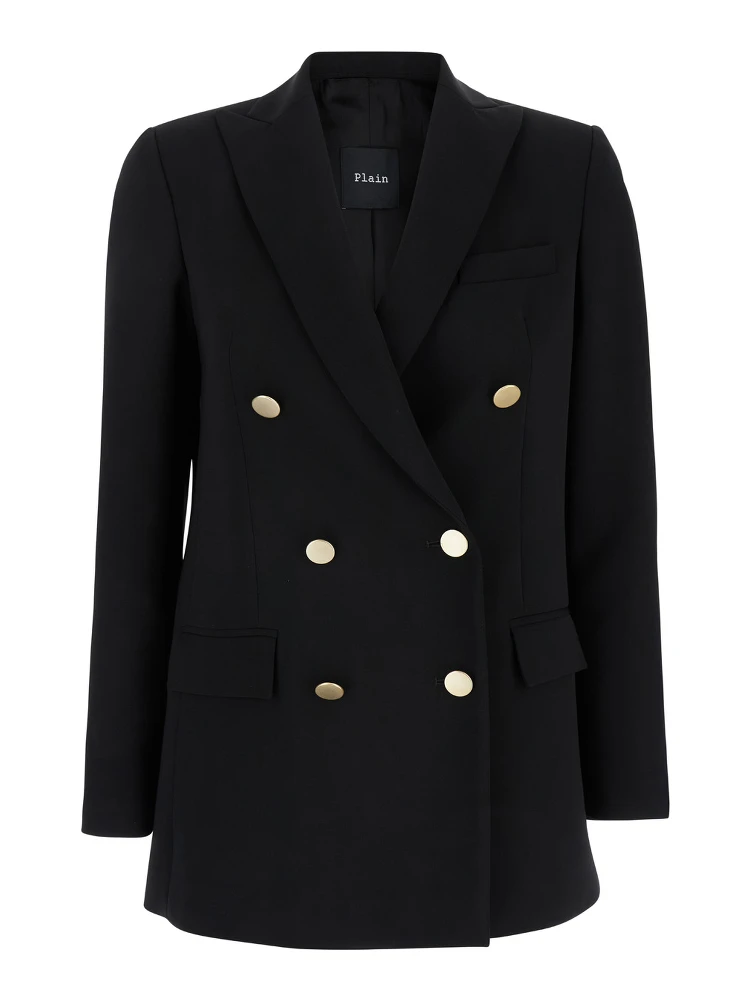 Black Double-Breasted Jacket with Golden Buttons in Cady Woman