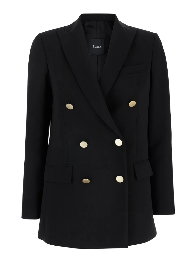 Black Double-Breasted Jacket with Golden Buttons in Cady Woman