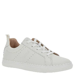 White Low Top Sneakers with Embossed Logo Lettering on the Tongue and Pull-Tab with Logo Lettering on the Heel in Leather Girl