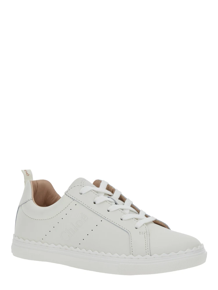 White Low Top Sneakers with Embossed Logo Lettering on the Tongue and Pull-Tab with Logo Lettering on the Heel in Leather Girl alternative