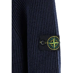 Blue Sweater with Ribbed Design and Logo Patch on Sleeve in Virgin Wool Blend Man