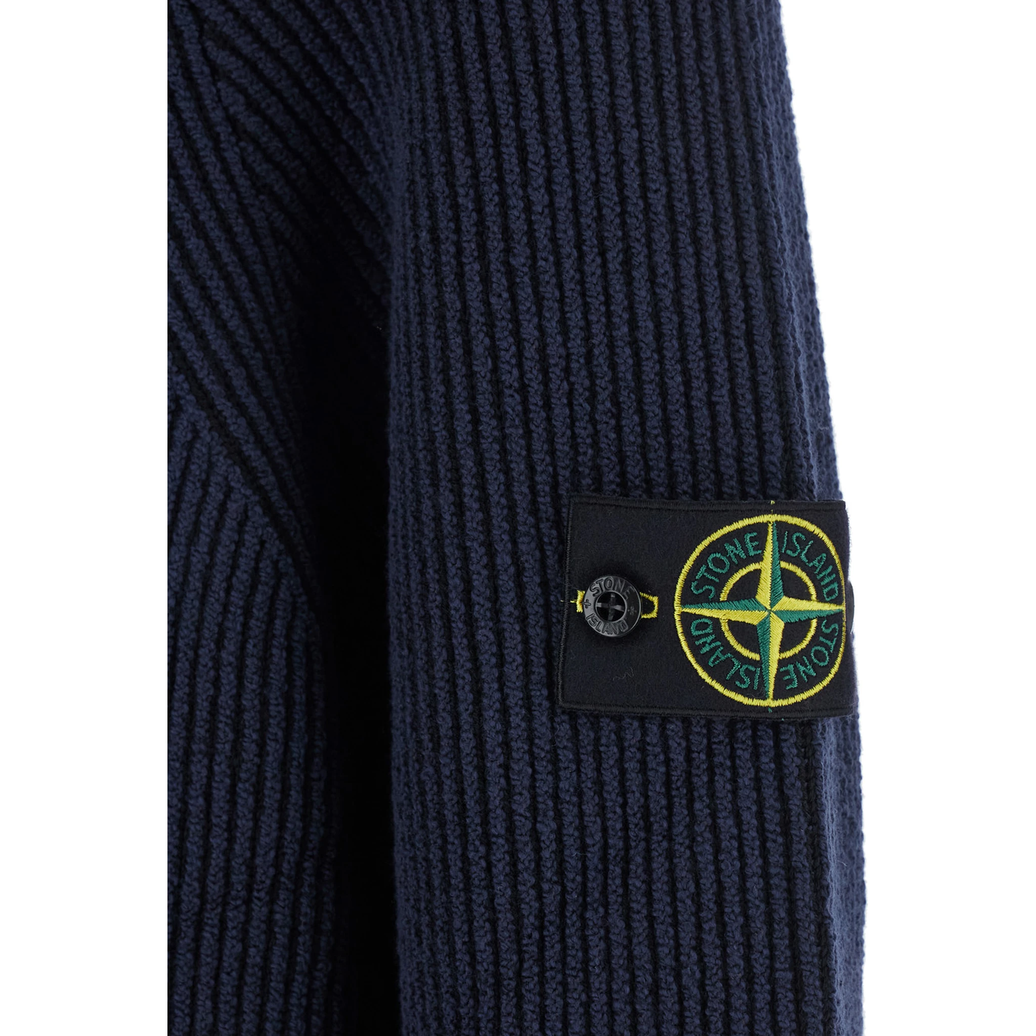 Blue Sweater with Ribbed Design and Logo Patch on Sleeve in Virgin Wool Blend Man