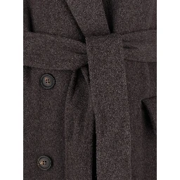 Brown Double-Breasted Coat with Peak Revers and Front Belt in Wool and Cashmere Woman
