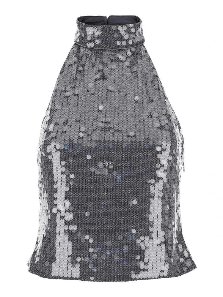 Grey Sleeveless Top with All-Over Sequins in Tech Fabric Woman