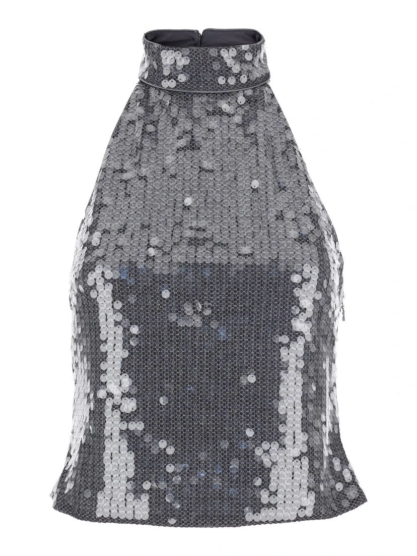 Grey Sleeveless Top with All-Over Sequins in Tech Fabric Woman