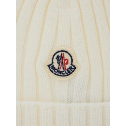 White Ribbed Knit Beanie with Logo Patch on the Front in Wool Baby