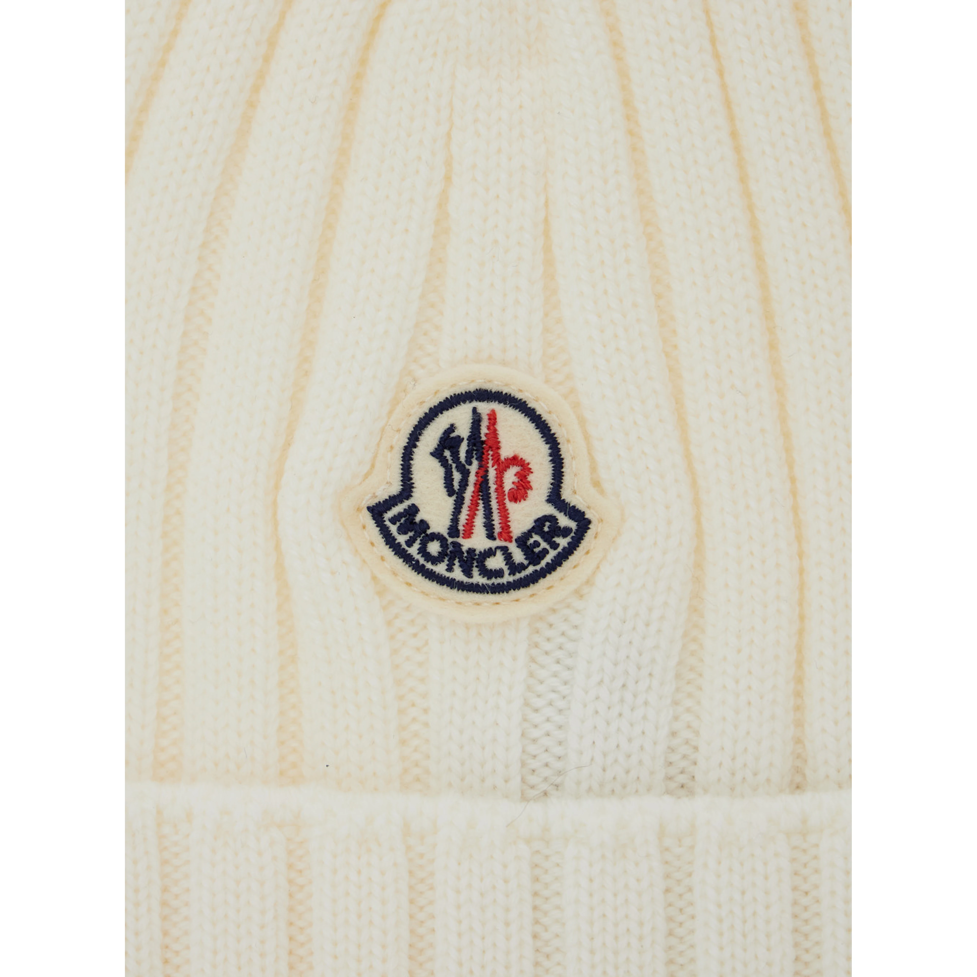 White Ribbed Knit Beanie with Logo Patch on the Front in Wool Baby
