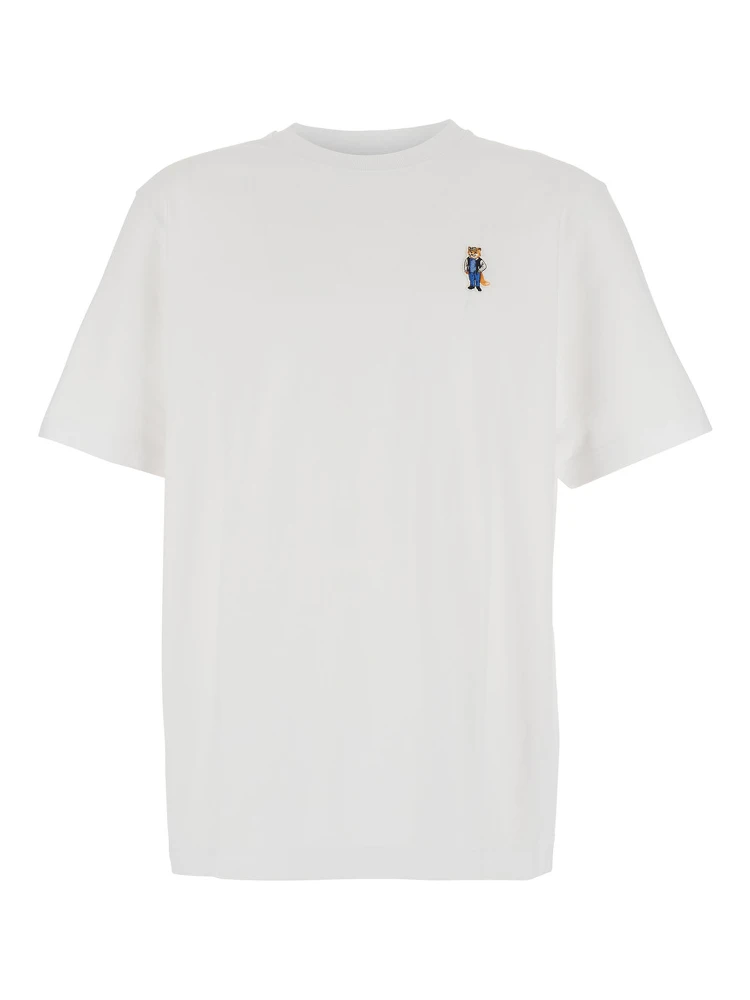 White T-Shirt with Fox Head Patch in Cotton Man