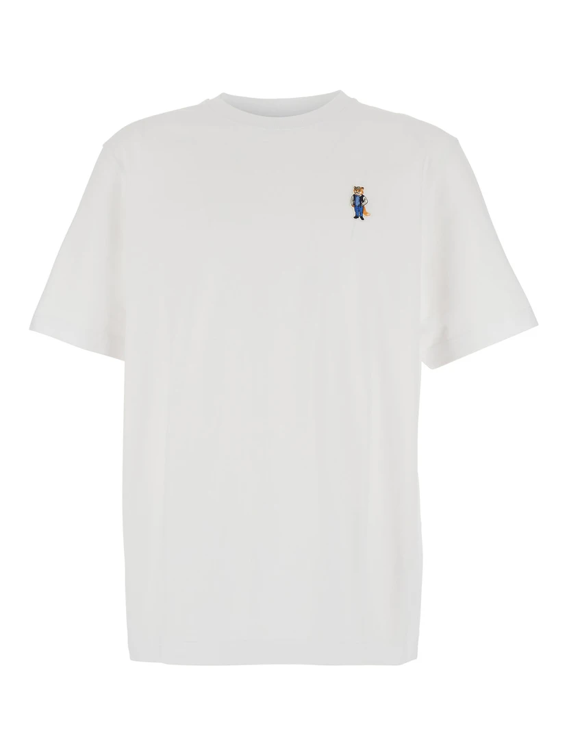 White T-Shirt with Fox Head Patch in Cotton Man